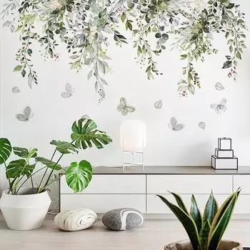 Наклейки на стену с изображением бабочки и цветка, скандинавский маленький свежий зеленый лист, наклейка на крышу, украшение для гостиной, дивана, спальни, наклейка на стену 30x90cm разноцветный