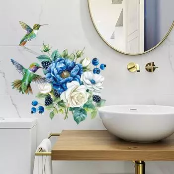 Наклейки на стену с изображением колибри и роз, водонепроницаемые виниловые цветы, наклейки для плитки в ванной, зеркала для умывальника, домашний декор, цветочное искусство с изображением птиц 30x30CM синий