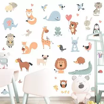 Наклейки на стену с изображением мультяшных животных для детской комнаты, детской спальни, наклейки с изображением жирафа, слона, обои для домашнего декора