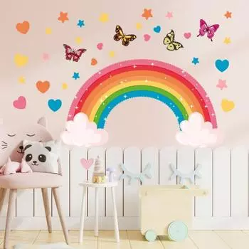 Наклейки на стену с изображением радуги и бабочки из мультфильма для украшения детской комнаты, наклейки на стену для спальни, наклейки на стену для детской комнаты в детском саду