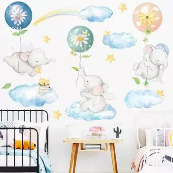 Наклейки на стену с изображением воздушного шара и слона, детская комната, детская спальня, фоновое украшение, обои с изображением мультяшных животных, наклейка для домашнего декора