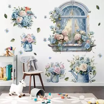 Наклейки на стену с мультяшным котом, цветами в горшках, поддельные окна, теплая прикроватная тумбочка для спальни, декоративные наклейки, обои 30x90cmX2pcs