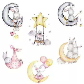 Наклейки на стену с мультяшным кроликом, луной и звездами для детской комнаты, украшение для детской комнаты, настенные наклейки с животными для девочек и мальчиков, обои для спальни G