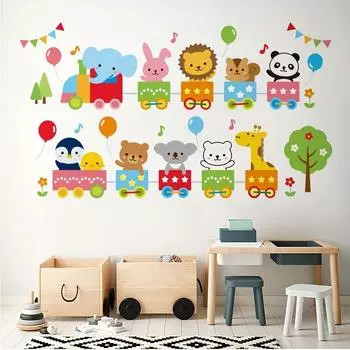 Наклейки на стену с мультяшным животным и поездом для детской комнаты, самоклеящиеся многоразовые домашний декор для нескольких поверхностей разноцветный