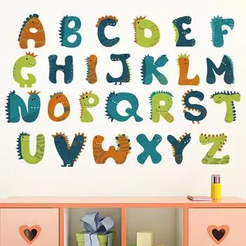 Наклейки на стену с мультяшными динозаврами и английскими буквами для украшения детской комнаты, декоративные наклейки для образовательного центра раннего детства 30x90cm разноцветный