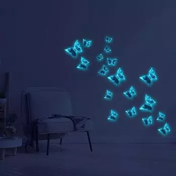 Наклейки на стену с синими бабочками, светящиеся в темноте со сверкающим эффектом, водонепроницаемые, легко наносятся, элегантные наклейки для украшения комнаты 1pc