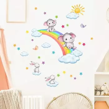 Наклейки на стену со слонами «Радуга и облака» для детской комнаты и фонового украшения стен в комнате — самоклеящиеся настенные рисунки