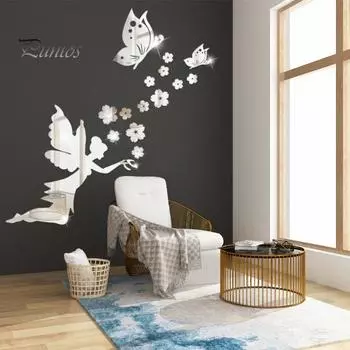 Наклейки на стены с зеркальной поверхностью, самоклеящиеся легкие цветочные феи и бабочки, настенная роспись, товары для дома золотистый