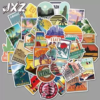 Наклейки с достопримечательностями мирового туризма — упаковка из 50 штук для багажа, чемодана, холодильника и стакана для воды null