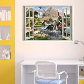 Наклейки с мультяшными животными, креативные поддельные окна, самоклеящиеся наклейки на стену с динозаврами, детская спальня, граффити, украшения, ПВХ
