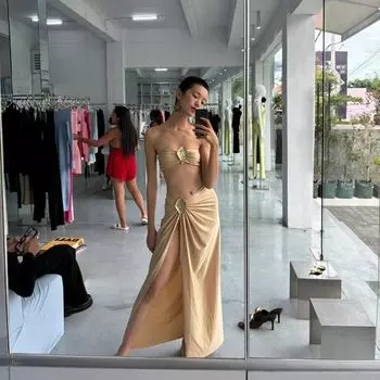 Налиса Набор бикини Европейский и американский Металлический топ-труба Топ Раздельная юбка Купальник Пляжный отдых Пляжная юбка Champagne XS