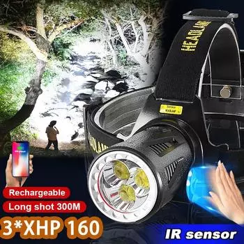 Налобный фонарь 3*XHP 160 с датчиком движения, перезаряжаемый фонарь, аварийное освещение, водонепроницаемая лампа, регулируемый налобный фонарь A-Headlamp