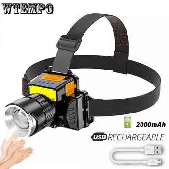 Налобный фонарь для рыбалки и горного дела, перезаряжаемый через USB, мощный индукционный налобный фонарь, уличный светодиодный прожектор чёрный