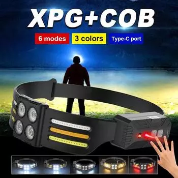 Налобный фонарь Мощный светильник XPG + COB Light Мини-портативный налобный фонарь со встроенным аккумулятором Налобный фонарь с умным датчиком Налобный фонарь Warerproof Lamp B-Dual light headlamp