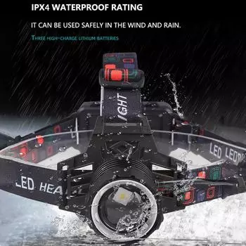 Налобный фонарь перезаряжаемый 1200LM яркий налобный фонарь, регулируемый фокус налобный фонарь для наружного освещения для лба 90° светодиодный налобный фонарь black белый