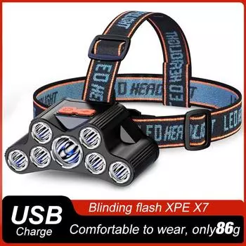 Налобный фонарь с 7 светодиодами и регулируемым углом освещения поддерживает зарядку через порт Micro USB в различных рабочих условиях. белый