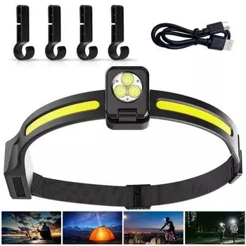 Налобный фонарь с датчиком для улицы и силиконовым оголовьем, супер яркий, водонепроницаемый, USB-аккумулятор, регулируемый, легкий, для ночной рыбалки, бега, COB LED-лампа 1pc