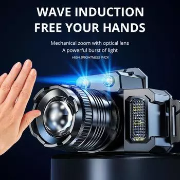 Налобный фонарь с сильным светочувствительным датчиком, зум, внешний аккумулятор, зарядка через USB, красный, синий, мигающий, многофункциональный, для рыбалки и горного дела, фонарь