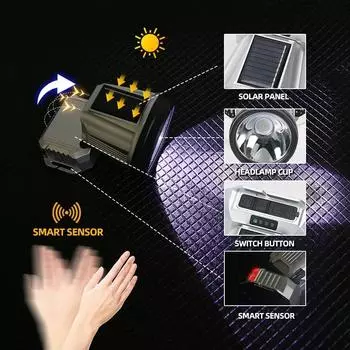 Налобный фонарь с солнечной батареей и датчиком движения COB Floodlight Head Lamp 6 режимов освещения Налобный фонарь для рыбалки Поисковый фонарь для кемпинга