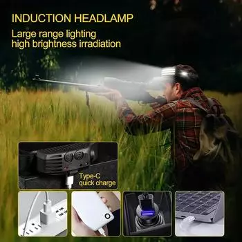 Налобный фонарь с зарядкой от USB, индукционный налобный фонарь COB LED, датчик, встроенный аккумуляторный фонарик, 5 режимов освещения, налобный фонарь 18650 Battery