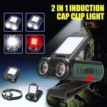 Налобный фонарь с зажимом для крышки, датчик света COB LED USB, перезаряжаемый головной фонарь со встроенной батареей, светодиодная головка для рыбалки, кемпинга