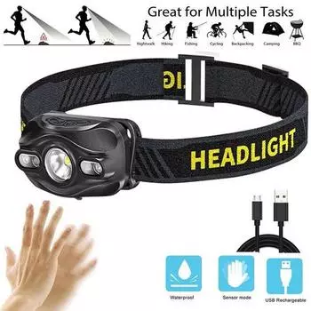 Налобный фонарик, светодиодный индукционный налобный фонарь, водонепроницаемый, 5 режимов освещения, уличный светильник для кемпинга, рыбалки чёрный