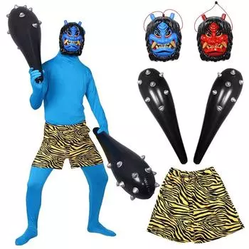 Namahage Oni Demon Oni Red Blue Bean Oni Red Blue Setsubun Local Oni Face Mask Club Namahage Red and Blue Set [Formemory] Mask*2, Pants, Club*2,
