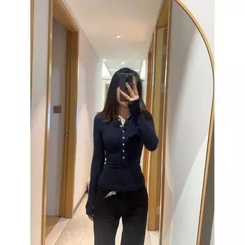 NAMI American Retro Points Henley Shirt Plaid Slimming round Neck Long Sleeves Undershirt Inner Wear Women s Spring Navy blue M