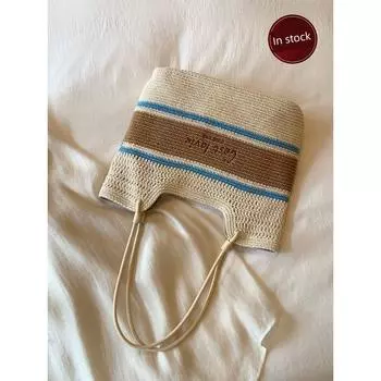 Nanfeng Chio2nd Outing Diary Tote Bag Women s Summer Handmade Stripes Woven Bag Hand-Carrying Big Shoulder Bag Beige(In stock)