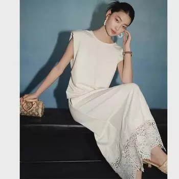 Nanyou Women s European Sleeveless Backless Lace Splicing T-Shirt and Skirt Set Extra Large