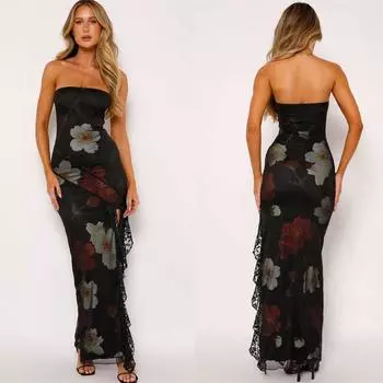 Напечатанная кружевная женская одежда платье с разрезом бюстгальтер юбка открытая спина лето обернутая грудь S