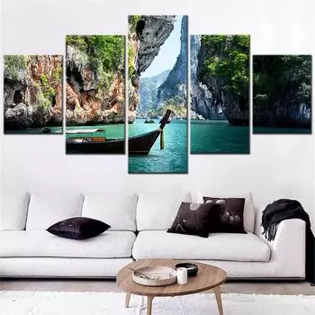 Напечатанная настенная живопись из 5 частей на холсте с изображением лодок и скал на пляже Рейли, картины для украшения гостиной, эстетический декор для дома, без рамки 20x35cm*2 20x45cm*2 20x55cm*1 No Frame