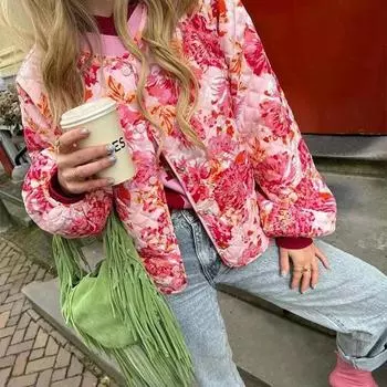 Напечатанная стеганая хлопковая куртка женская легкая утепленная круглая горловина длинный рукав-фонарик однобортное теплое пальто свободная повседневная верхняя одежда осень-зима новая мода S розовый