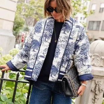 Напечатанный двойной карман хлопковая куртка женская цветочный принт свободный повседневный утолщенный теплый пальто длинный рукав кардиган осень зима новая мода S темно-синий