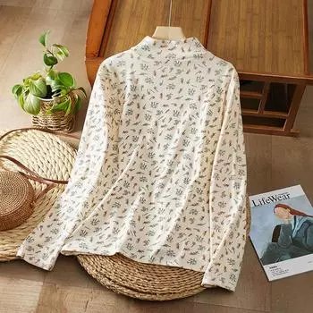 Напечатанный художественный ретро повседневный осень-зима 2024 женские сплайсированные пуловеры с высоким воротом модные свободные повседневные топы с длинными рукавами L абрикосовый света