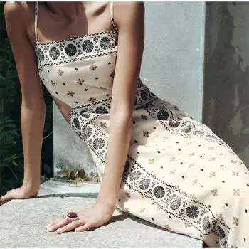 Напечатанный слинг ажурный без рукавов спинки женское длинное платье пуговицы праздничное летнее женское облегающее платье S