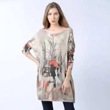 Напечатанный средней длины свободный вязаный пуловер женский свитер больших размеров с длинными рукавами и круглым вырезом трикотаж уникальные узоры масляной живописи мода европейский стиль one size хаки