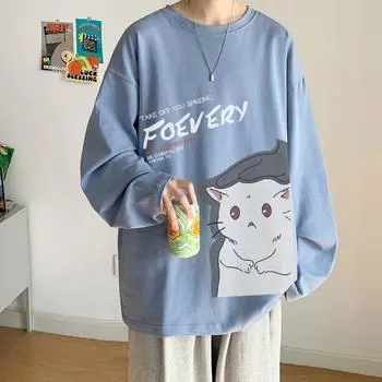 Напечатанный свитер осень-зима для мужчин весна и осень 2024 года, корейский новый свободный топ с круглым вырезом, шикарный стиль Гонконга, модный M белый