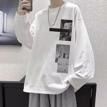 Напечатанный свитер осень-зима для мужчин весна и осень 2024 года, корейский новый свободный топ с круглым вырезом, шикарный стиль Гонконга, модный M белый