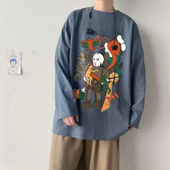 Напечатанный свитер осень-зима для мужчин весна и осень 2024 года, корейский новый свободный топ с круглым вырезом, шикарный стиль Гонконга, модный M белый