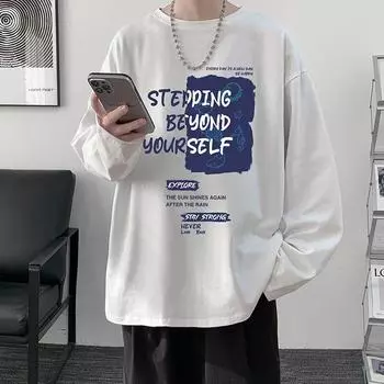 Напечатанный свитер осень-зима для мужчин весна и осень 2024 года, корейский новый свободный топ с круглым вырезом, шикарный стиль Гонконга, модный M белый