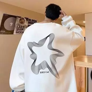 Напечатанный свитер осень-зима мужской круглый вырез свободный топ шикарный гонконгский стиль модный M чёрный