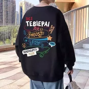 Напечатанный свитер осень-зима мужской круглый вырез свободный топ шикарный гонконгский стиль модный M абрикосовый