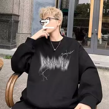 Напечатанный свитер осень-зима мужской круглый вырез свободный топ шикарный гонконгский стиль модный M белый