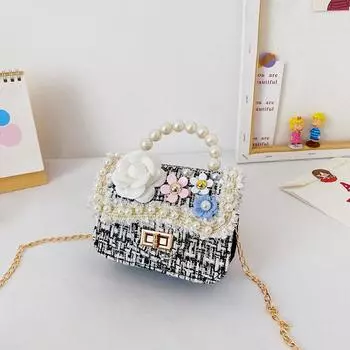 Наплечная сумка Сумка с жемчугом из легкого полиуретана Сумка-цепочка Детская Для FlowerBlack