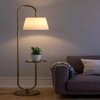 Напольная лампа на полке стола, современная, латунь, античная отделка, золото, высота 5 футов, диаметр полки 25,4 см