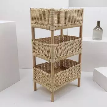 Напольные плетеные полки для хранения из ротанга, полки для игрушек и мусора, плетеные вручную многослойные корзины для хранения из цельного дерева 30*20*60CM бежевый