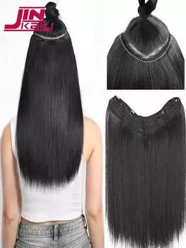 Наращивание черных волос для женщин, прямые V-образные наращивания волос длиной 22 дюйма, 4 зажима, невидимый синтетический термостойкий парик, кусок волос