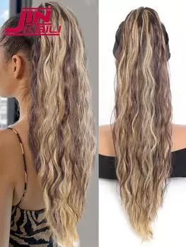 Наращивание хвоста на зажимах, 22-дюймовый синтетический длинный хвост с завязками на шнурке, волнистые наращивания волос с конским хвостом, вьющиеся шиньоны для женщин