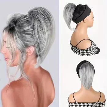 Наращивание прямых волос для женщин, конский хвост на шнурке, легко прикрепляемый, с сочетанием натурального черного и серого цветов, регулируемая резинка с надежным гребнем